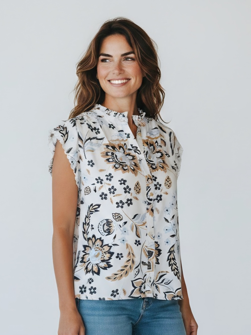 Ann Taylor Floral Ruffle Cap-Sleeve Blouse - White, Tan, Navy